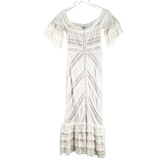 CINQ A SEPT Naya Ivory Lace off the shoulder Fitted Layered Ruffle Dress Size 10 - Picture 2 of 13